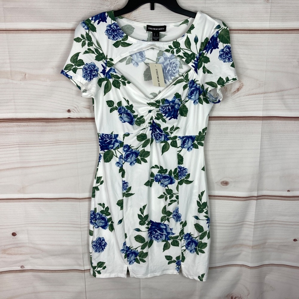 Streetwear Society Dress Juniors L Womens Mini Floral Open Neck Bodycon Stretch